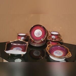 VINTAGE VICTORIAN STYLE 13 PIECES Elegant Gold and Red Porcelain Dinnerware Set